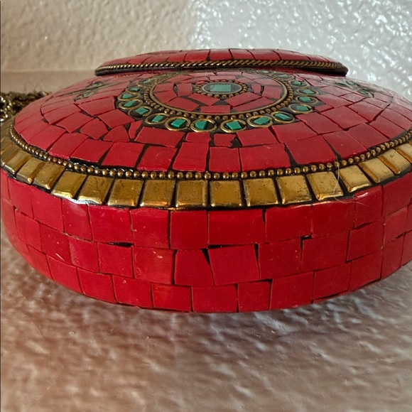 Antik Kraft Berry Mosaic Tile Metal Clutch Crossbody Red Turquoise Small Bag - Picture 4 of 6